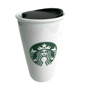 STARBUCKS Travel Mug Tumbler with Lid 2016 White Ceramic Green Siren Logo 12 oz